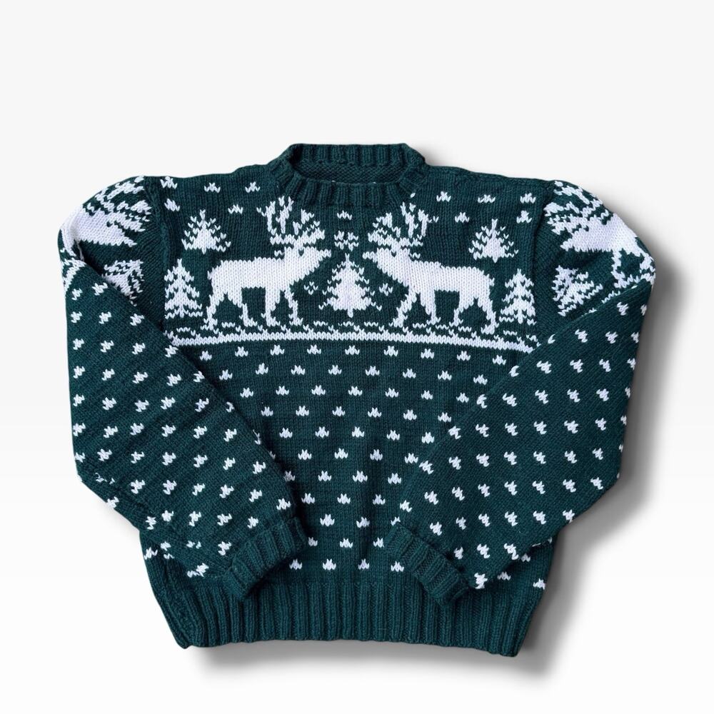 Vtg Sweater Hand Knit Nordic Fair Isle Reindeer Green White Snowflake Women Sz L